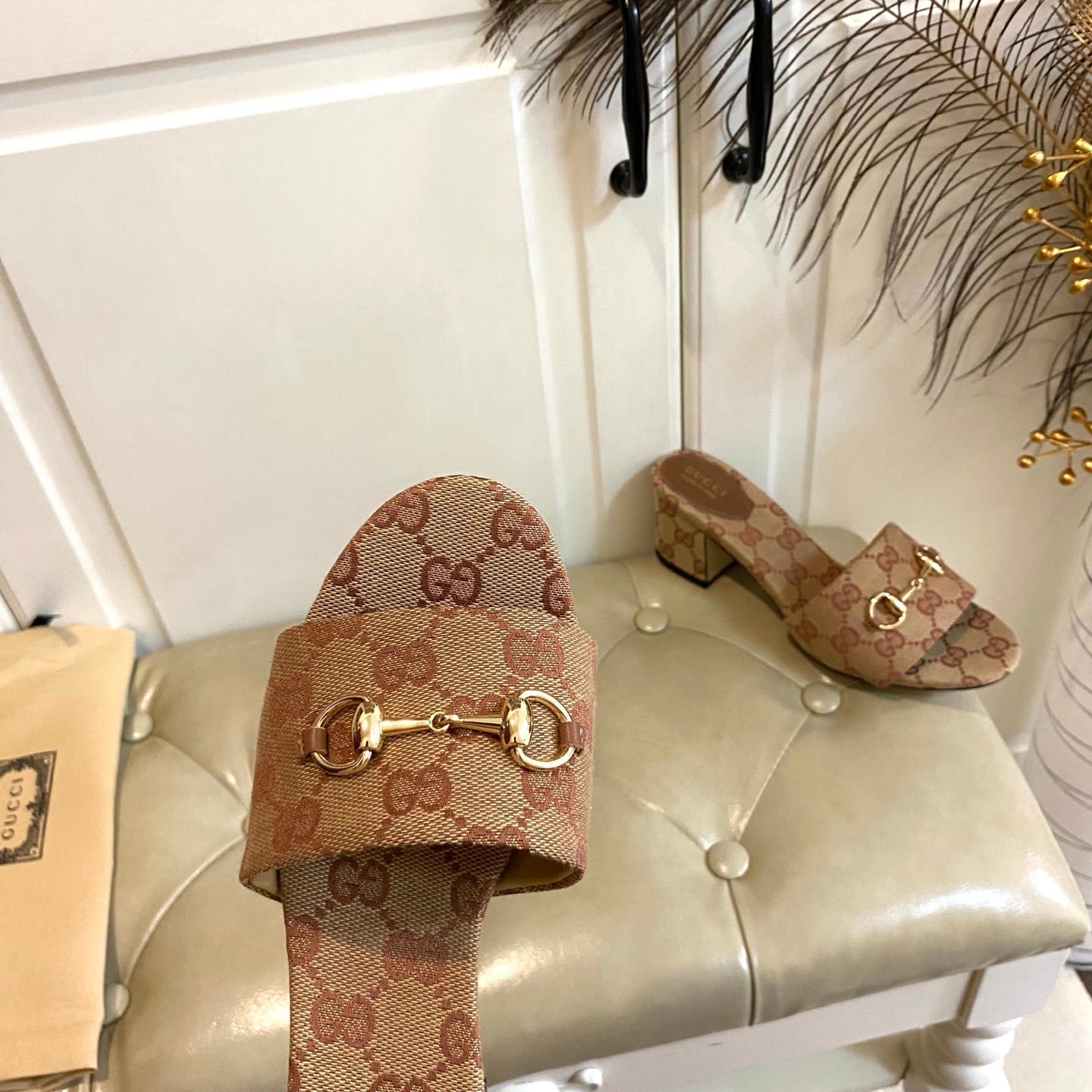 GUCCI 26S HIGH-HEELED SANDALS 65 MM IN CAMEL BROWN CANVAS