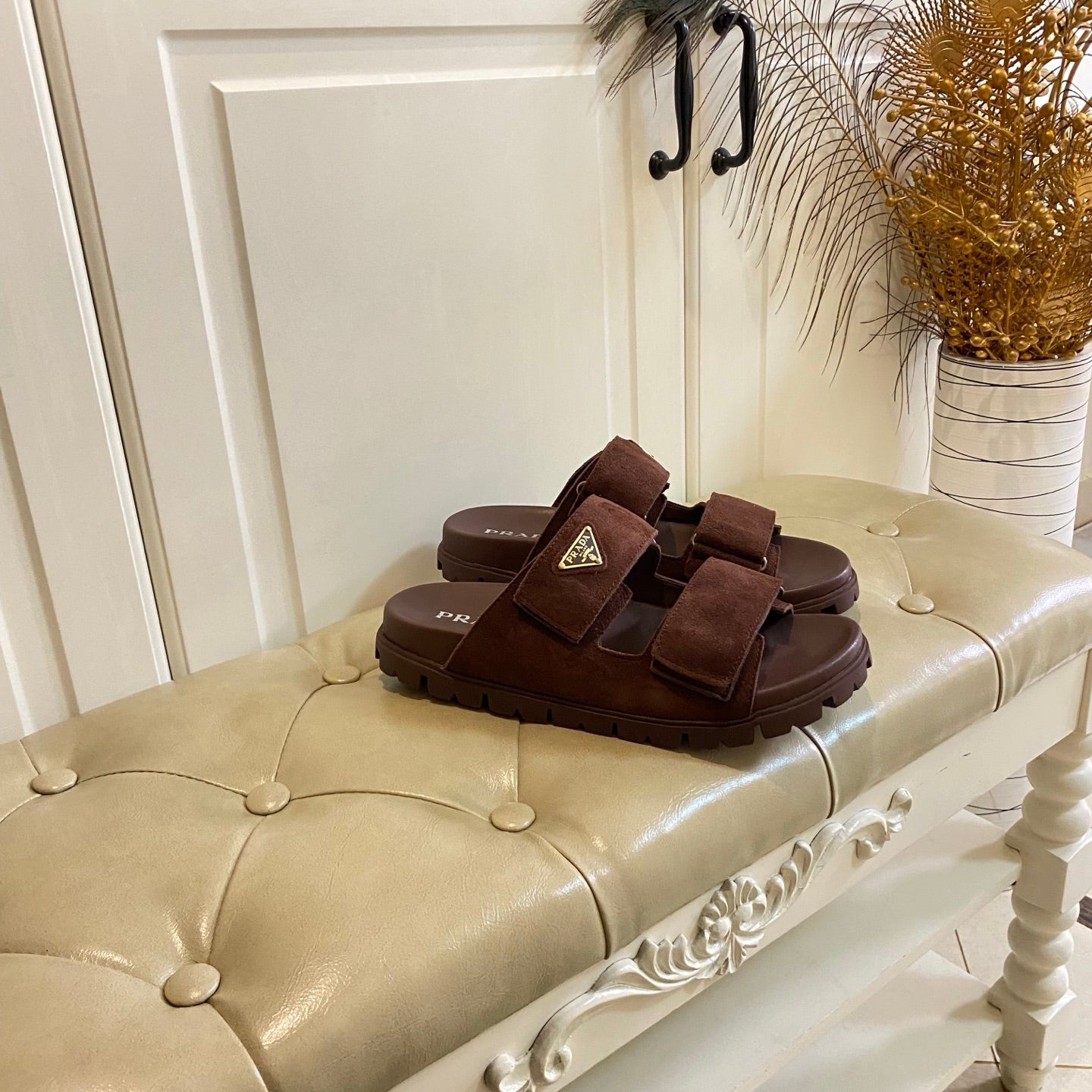 PRADA 26S DOUBLE STRAP SANDALS CHUNKY SOLE IN DARK BROWN SUEDE WITH LOGO