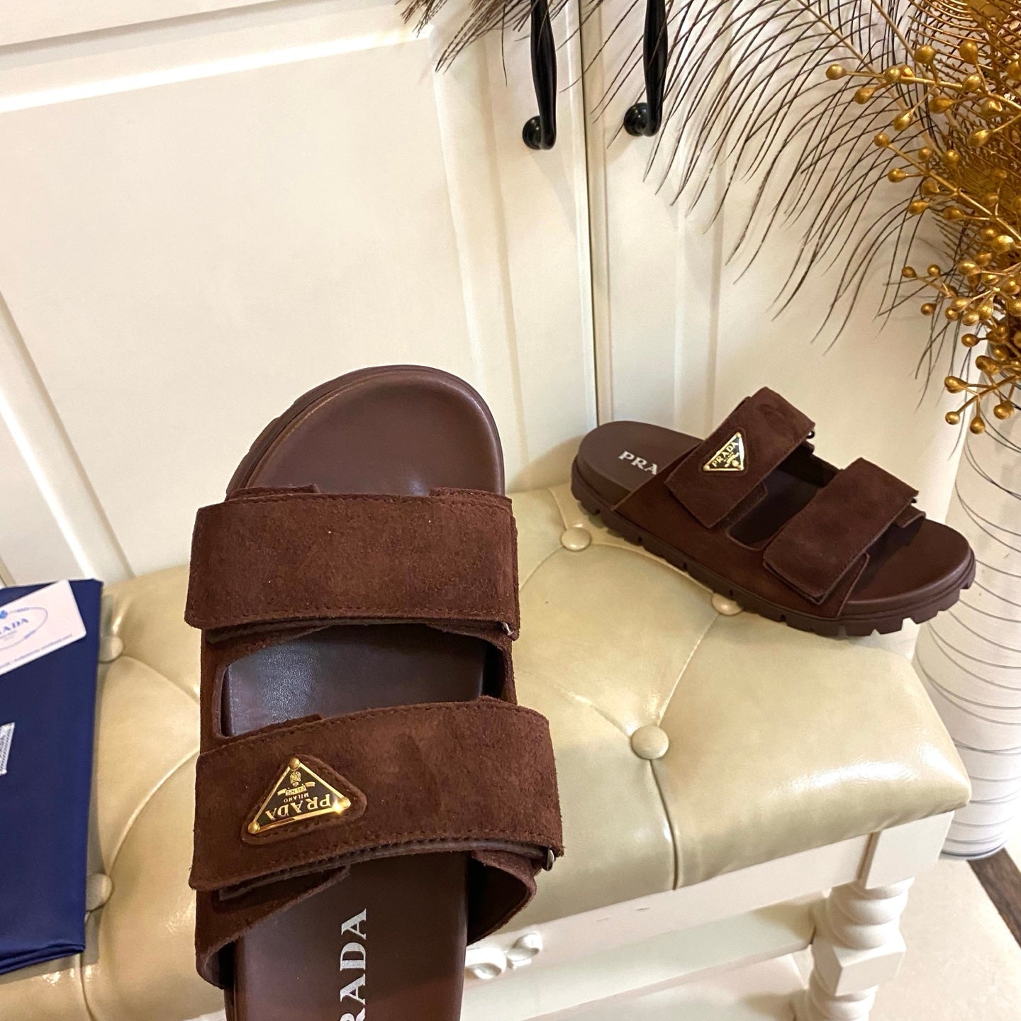PRADA 26S DOUBLE STRAP SANDALS CHUNKY SOLE IN DARK BROWN SUEDE WITH LOGO
