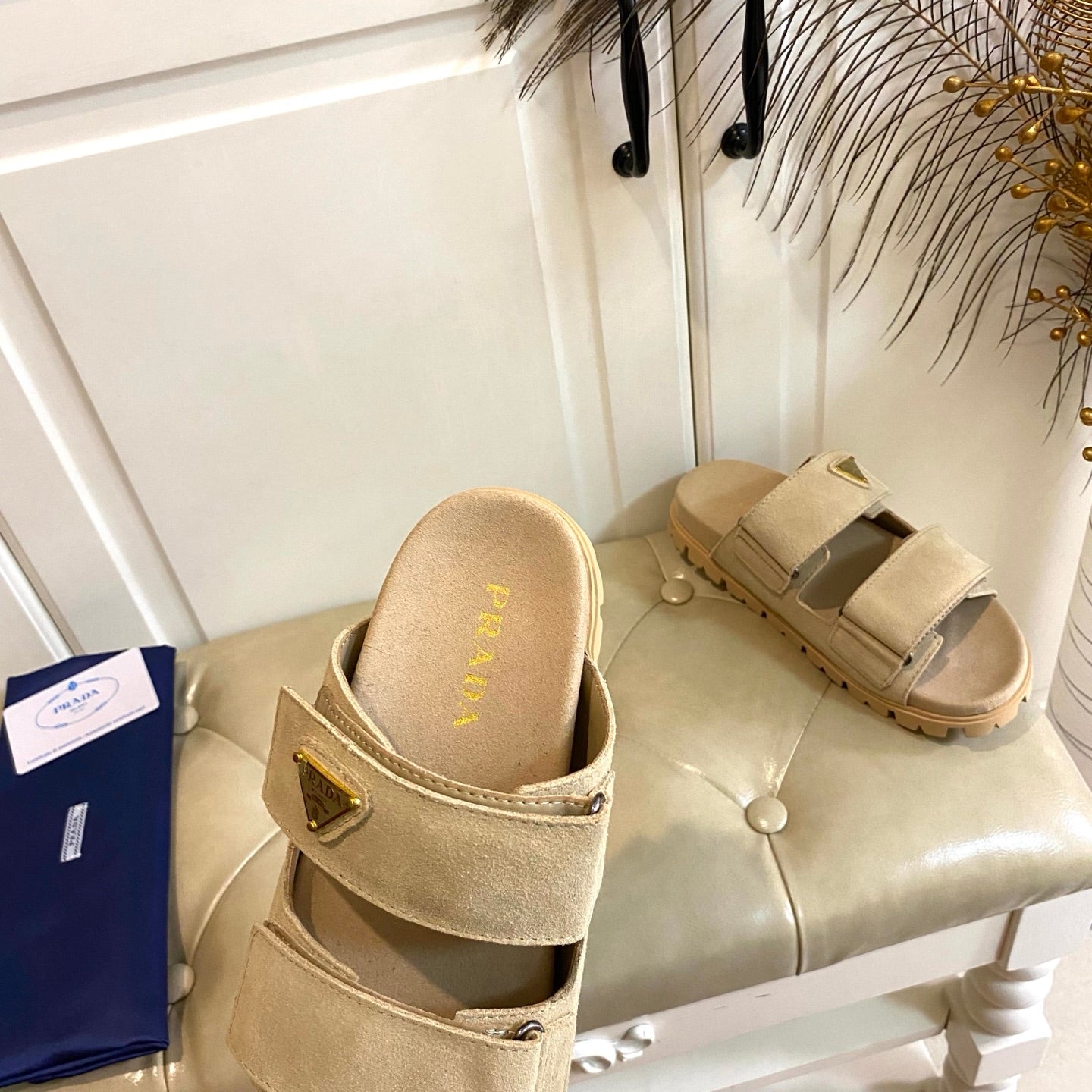 PRADA 26S DOUBLE STRAP SANDALS CHUNKY SOLE IN BEIGE SUEDE WITH LOGO