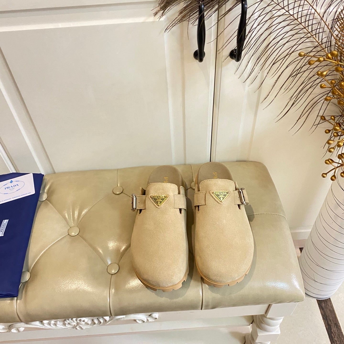 PRADA 26S BUCKLE CLOG SANDALS CHUNKY SOLE IN BEIGE SUEDE