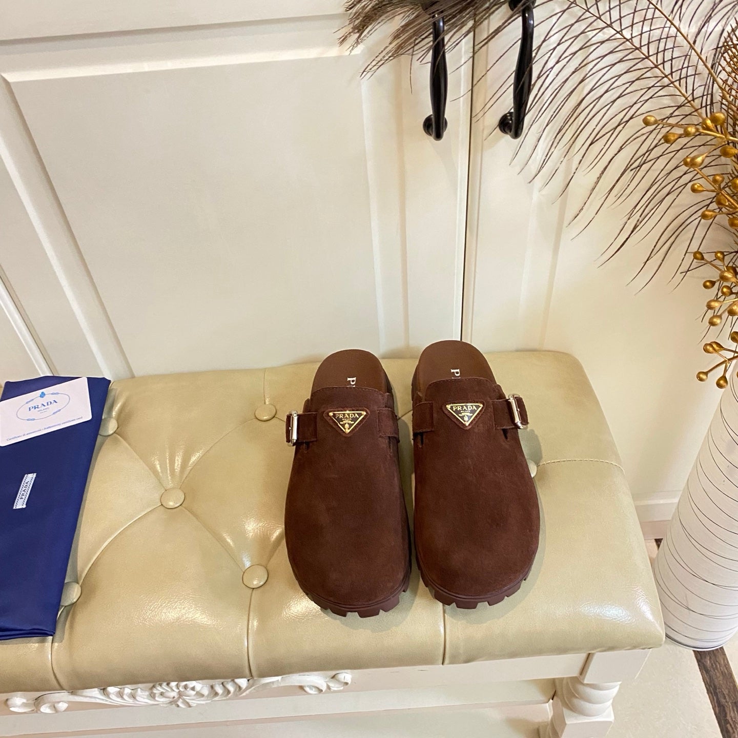 PRADA 26S BUCKLE CLOG SANDALS CHUNKY SOLE IN DARK BROWN SUEDE