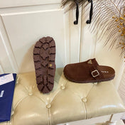 PRADA 26S BUCKLE CLOG SANDALS CHUNKY SOLE IN DARK BROWN SUEDE