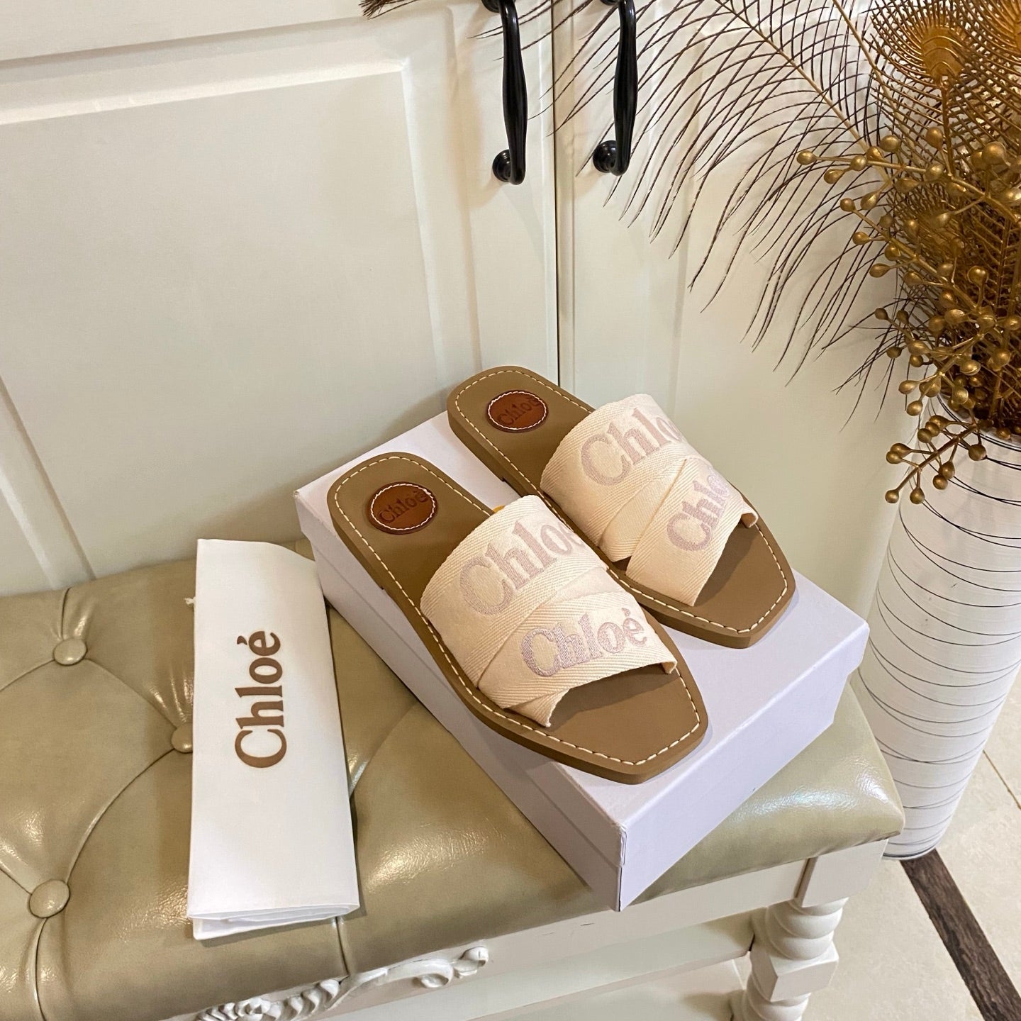 CHLOE 26S SQUARE-TOE SLIDES IN BEIGE CANVAS