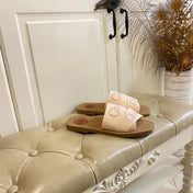 CHLOE 26S SQUARE-TOE SLIDES IN BEIGE CANVAS