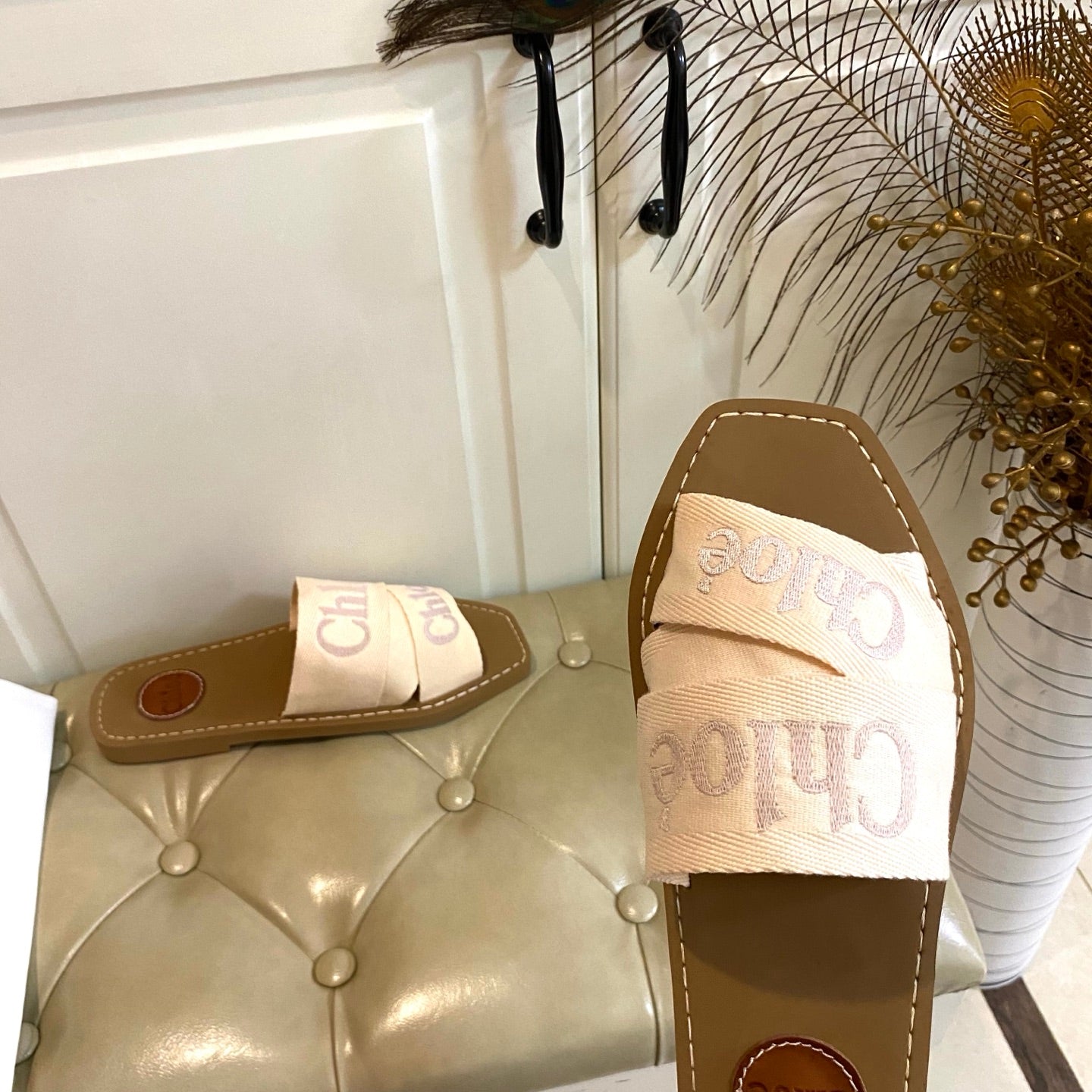 CHLOE 26S SQUARE-TOE SLIDES IN BEIGE CANVAS