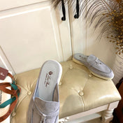 LP 26S LOCK CHARM MULES IN LIGHT GREY SUEDE GOLD HARDWARE