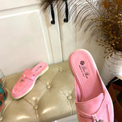 LP 26S LOCK CHARM MULES IN PINK SUEDE GOLD HARDWARE