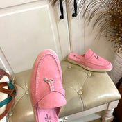 LP 26S LOCK CHARM MULES IN PINK SUEDE GOLD HARDWARE