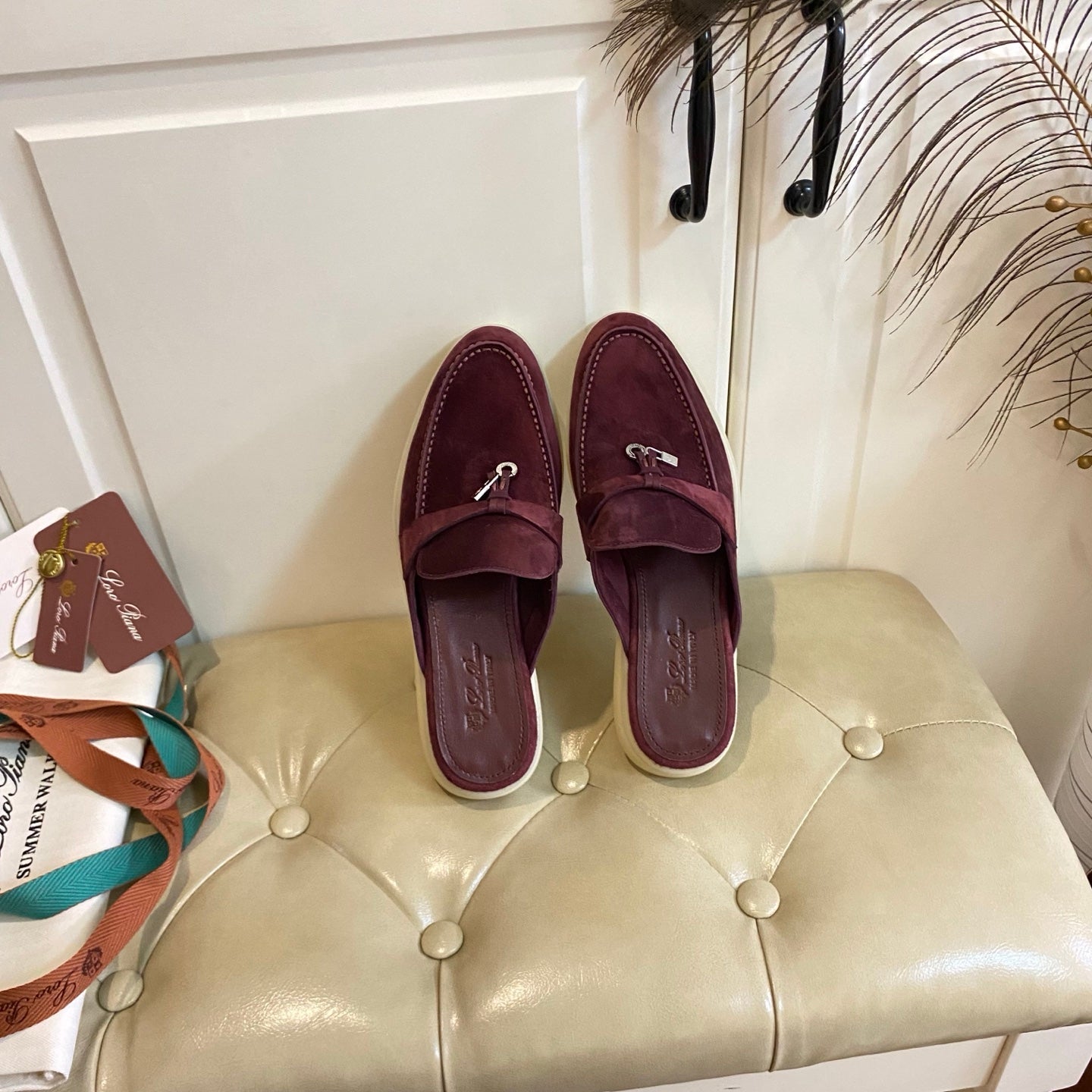 LP 26S LOCK CHARM MULES IN BURGUNDY RED SUEDE GOLD HARDWARE