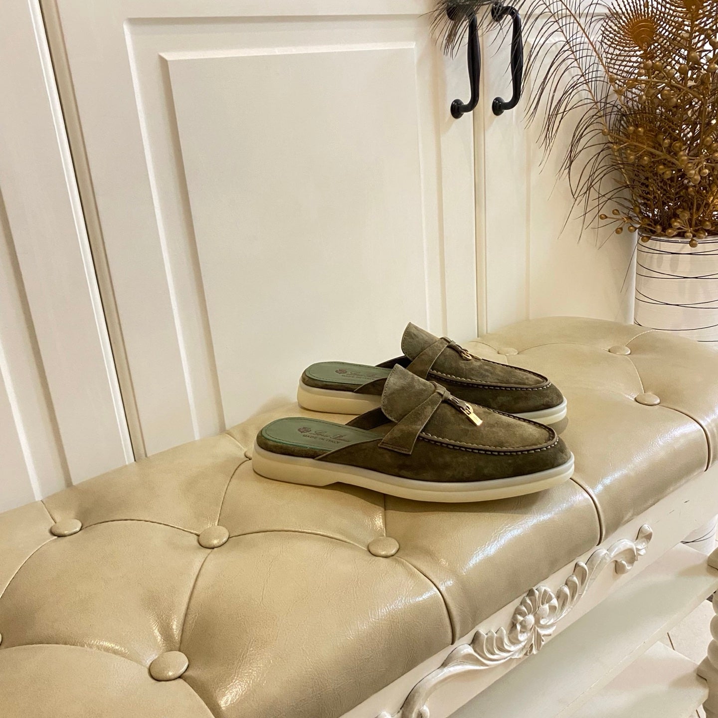 LP 26S LOCK CHARM MULES IN DARK OLIVE GREEN SUEDE GOLD HARDWARE