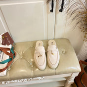 LP 26S LOCK CHARM MULES IN BEIGE SUEDE GOLD HARDWARE