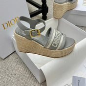 DWAY WEDGE SANDAL 25S 95MM IN GRAY EMBROIDERED COTTON RAFFIA SOLE