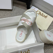CHLOE 26S FLAT SLIDES IN WHITE & GREIGE CANVAS 
