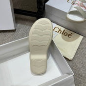 CHLOE 26S FLAT SLIDES IN WHITE & GREIGE CANVAS 
