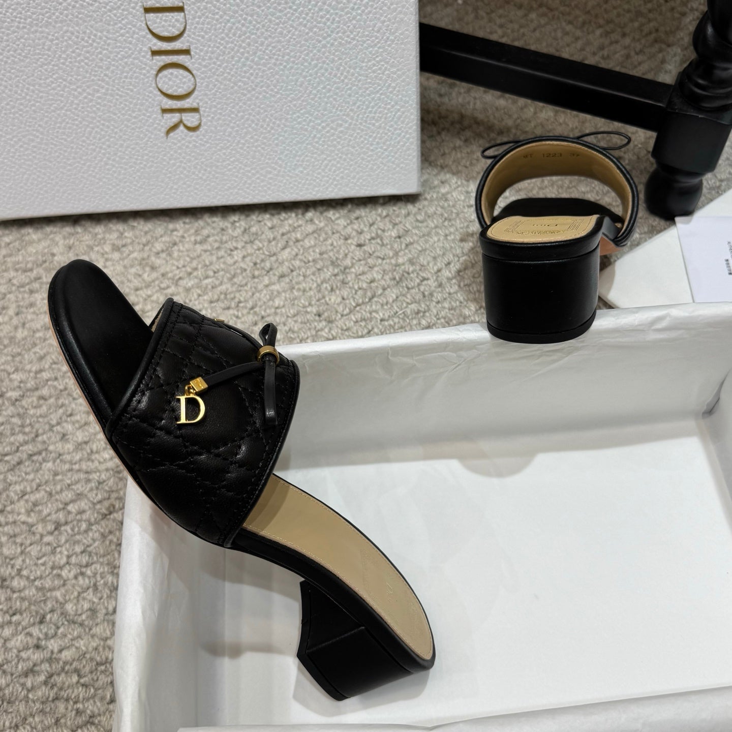 DIOR 26S HEELED MULES 45 MM IN BLACK QUILTED LAMBSKIN GOLD HARDWARE