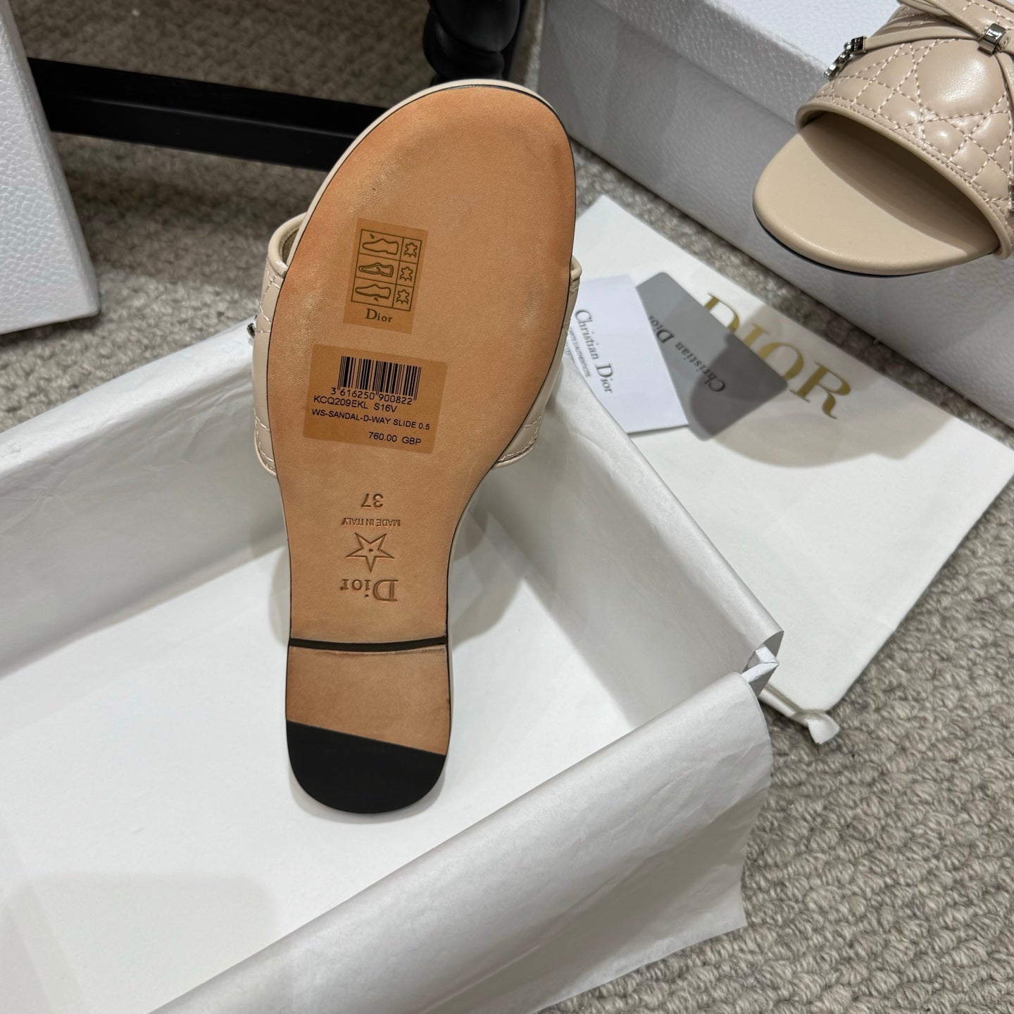 DIOR 26S FLAT MULES IN BEIGE QUILTED LAMBSKIN SILVER HARDWARE