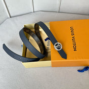 LV Circle Nautical 20mm Reversible Belt Silver Buckle Navy Blue Brown Leather