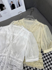 DIOR NEW DESIGN V-NECK LACE BLOUSE WITH PUFF SLEEVES