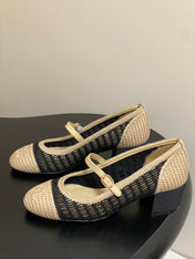HIGH BALLET MARY JANE 50MM IN NATURAL BEIGE AND BLACK RAFFIA