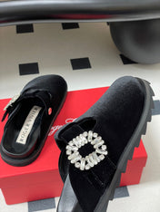 ROGER VIVIER 25S VIV' RANGERS MULES IN BLACK VELVET EMBELLISHED CRYSTALS