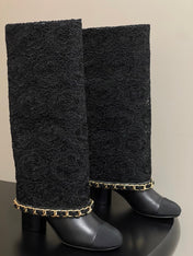 CC FLORAL BOOTS 60MM IN BLACK CALFSKIN WITH GOLD CHAIN