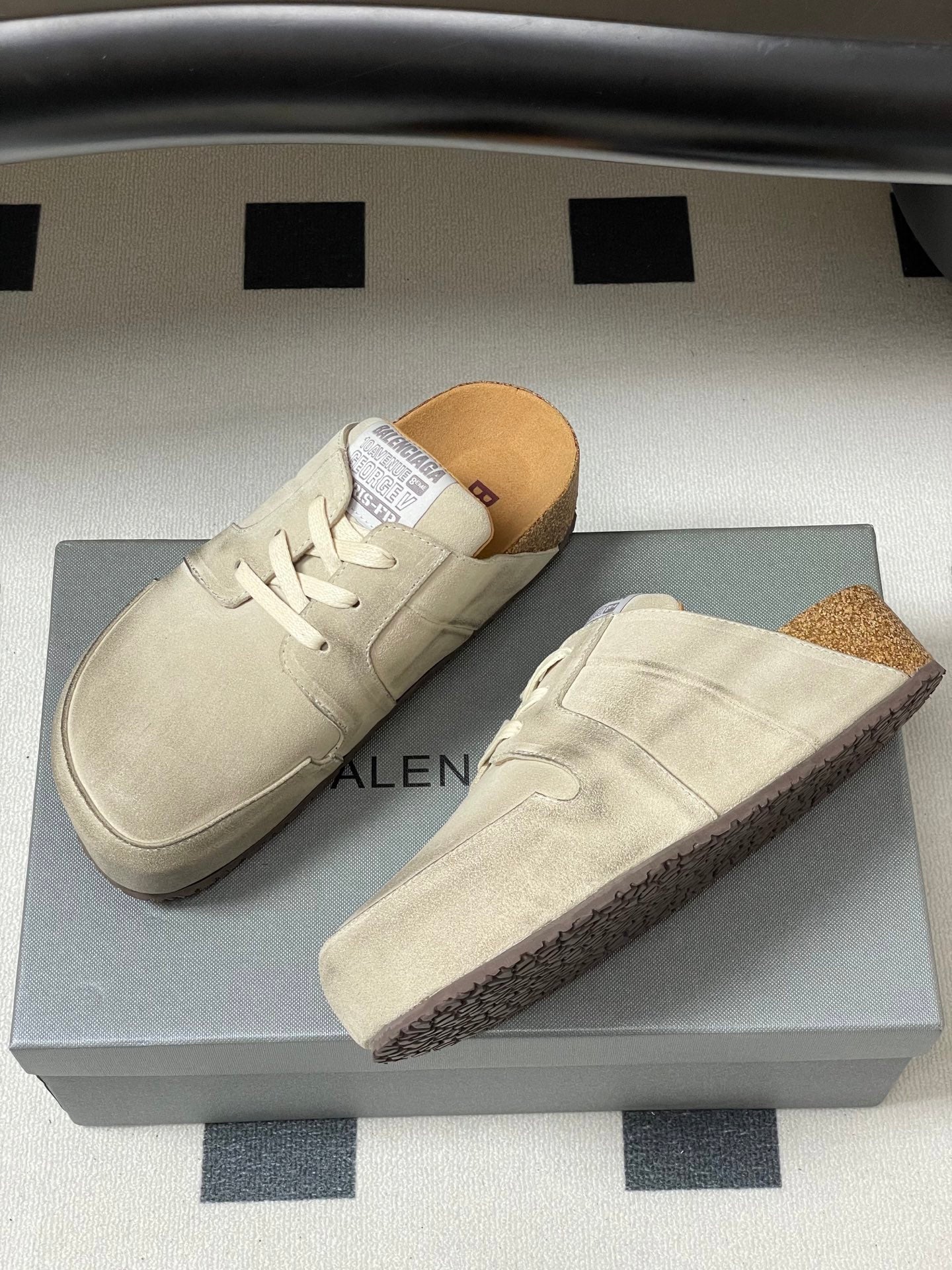 BALENCIAGA 25S MULES BIRKENSTOCK IN CREAM BEIGE SUEDE