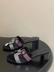 HM 25S ORAN HIGH‑HEEL SANDAL 50 MM IN BLACK LAMBSKIN WITH WHITE MIX PINK STONE DETAILS
