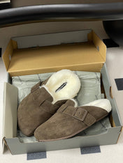 BALENCIAGA 25S FUR-LINED MULES IN DARK EARTH BROWN FAUX LEATHER