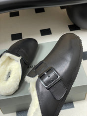 BALENCIAGA 25S FUR-LINED MULES IN BLACK FAUX LEATHER