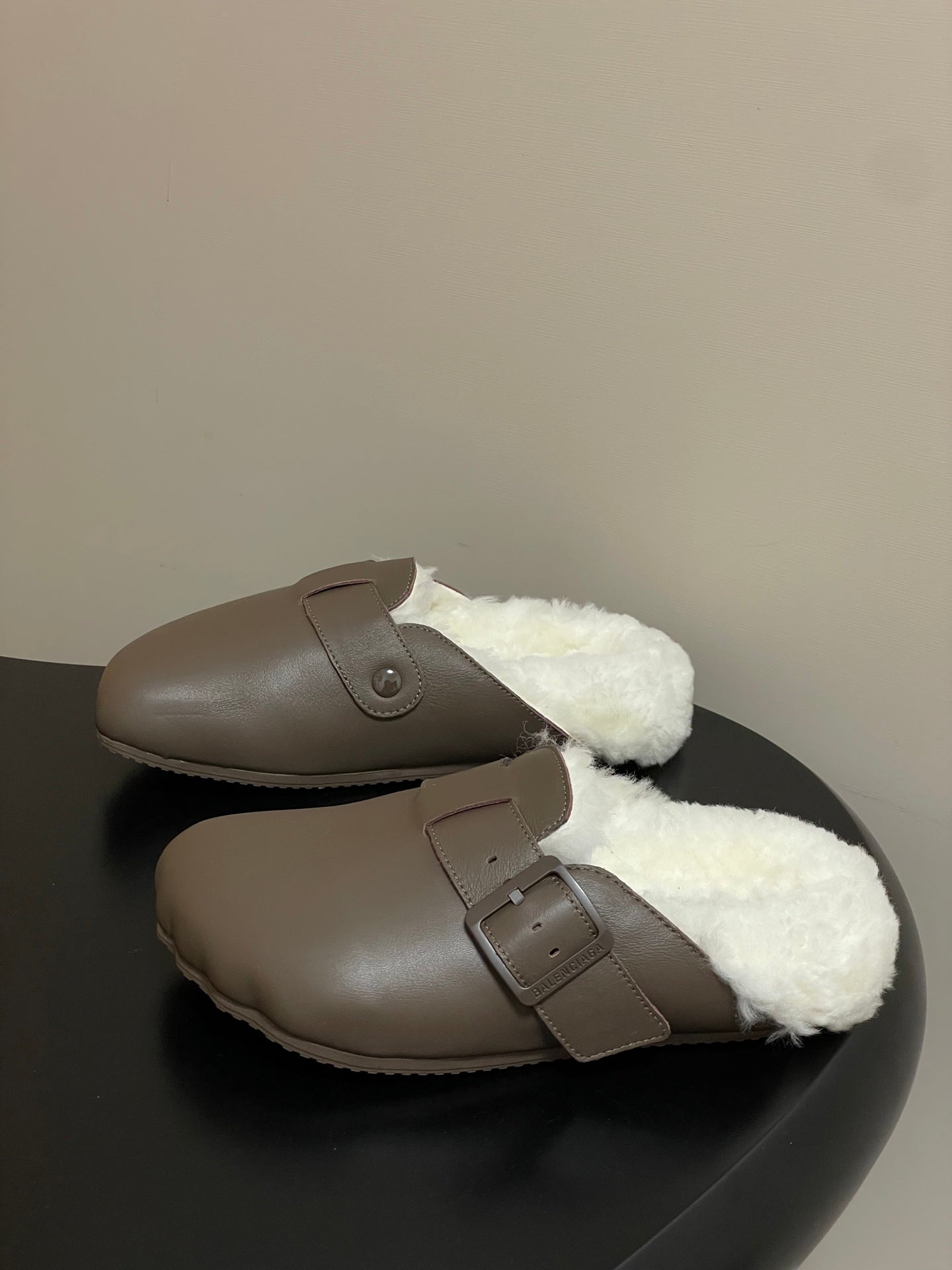BALENCIAGA 25S FUR-LINED MULES IN TAUPE GRAY FAUX LEATHER