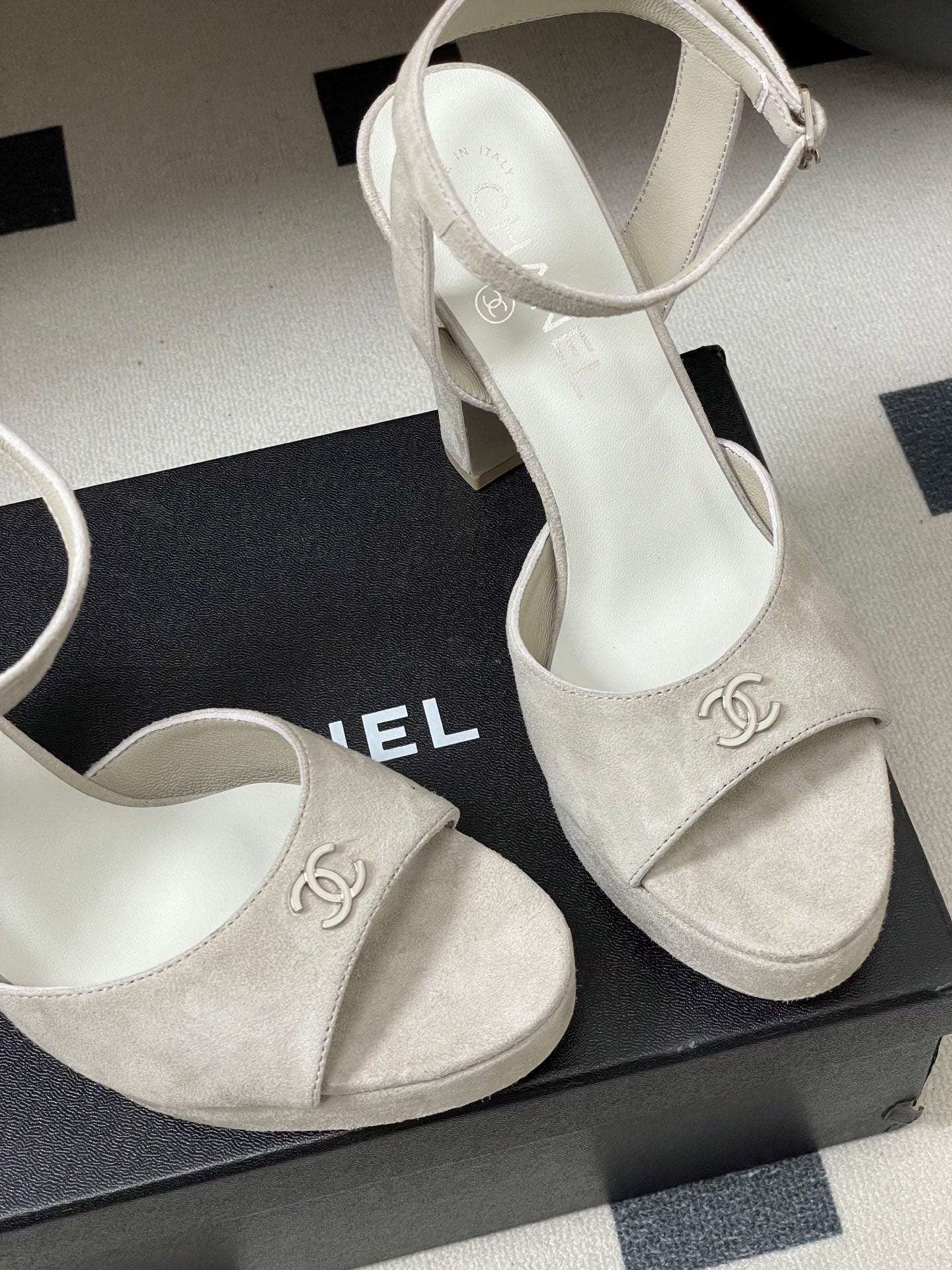 CHANEL 26S HIGH HEEL SANDALS 120 MM IN CREAM BEIGE SUEDE