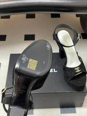 CHANEL 26S HIGH HEEL SANDALS 120 MM IN BLACK SUEDE