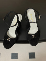 CHANEL 26S HIGH HEEL SANDALS 120 MM IN BLACK SUEDE