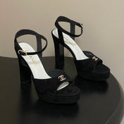 CHANEL 26S HIGH HEEL SANDALS 120 MM IN BLACK SUEDE