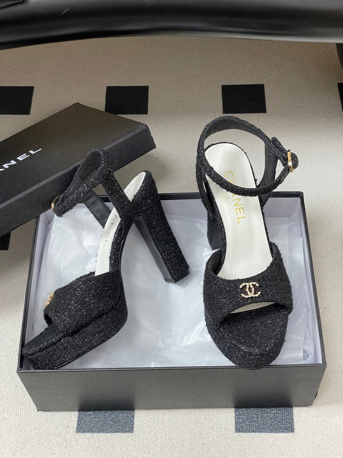 CHANEL 26S HIGH HEEL SANDALS 120 MM IN BLACK TWEED