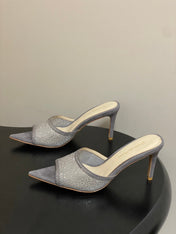 GIANVITO ROSSI 26S HIGH HEELS 85 MM IN GREY SUEDE WITH RHINESTONE STRAP