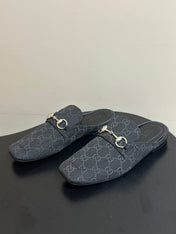 GUCCI 26S HORSEBIT LOAFER MULES IN BLACK CANVAS