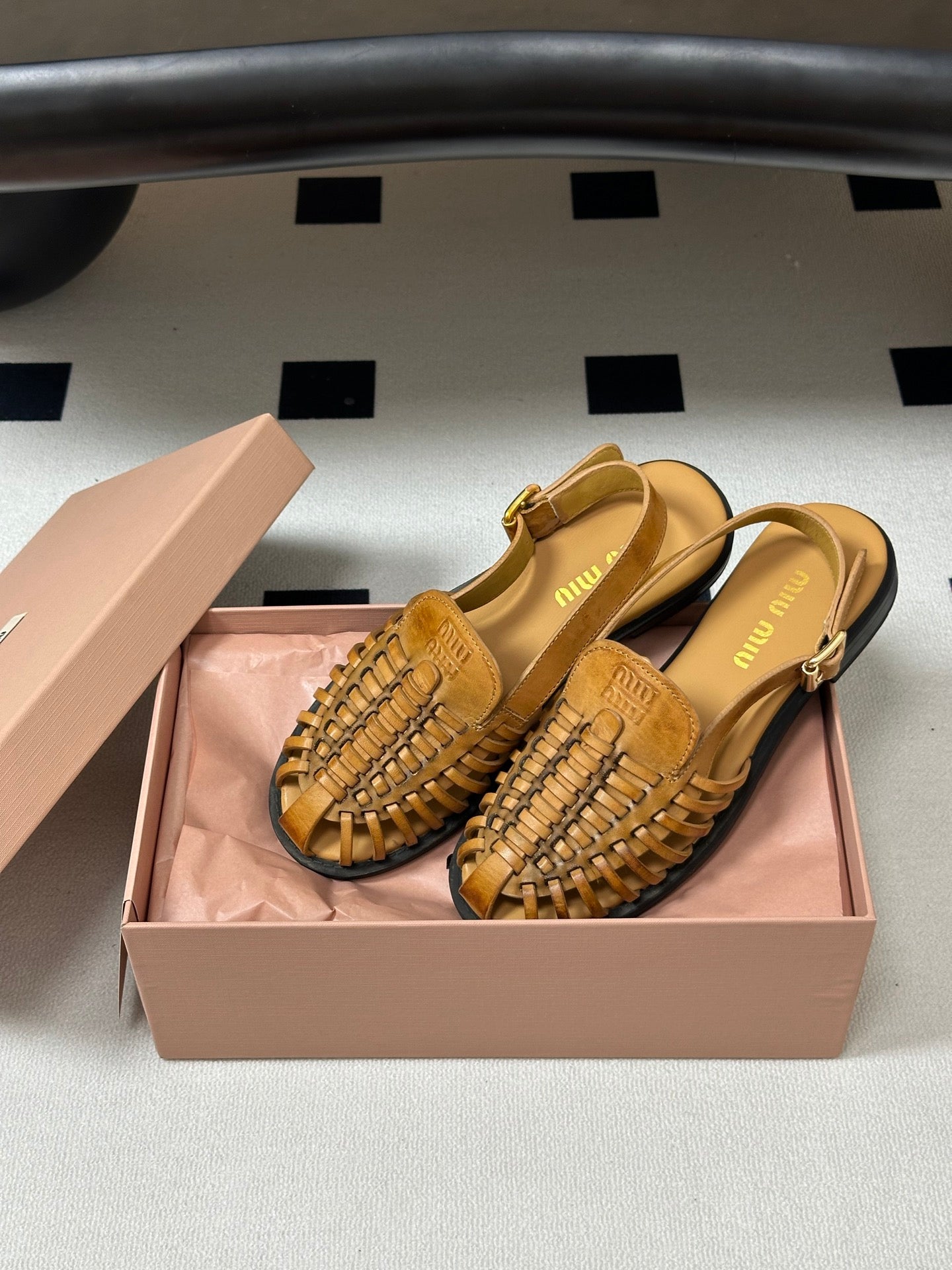 MIUMIU 26S SLINGBACK FISHERMAN SANDALS IN GOLD BROWN CALFSKIN