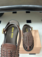 MIUMIU 26S SLINGBACK FISHERMAN SANDALS IN DARK BROWN CALFSKIN