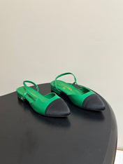 CHANEL 26S POINTED TOE SLINGBACKS IN GREEN LAMBSKIN AND BLACK FABRIC
