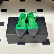 CHANEL 26S POINTED TOE SLINGBACKS IN GREEN LAMBSKIN AND BLACK FABRIC