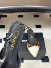 CHANEL 26S POINTED TOE SLINGBACKS IN BROWN PONY HAIR AND WHITE LAMBSKIN
