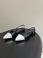 CHANEL 26S POINTED TOE SLINGBACKS IN BLACK MIX WHITE LAMBSKIN
