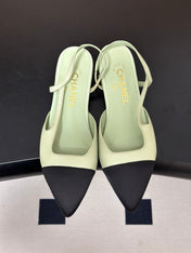 CHANEL 26S POINTED TOE SLINGBACKS IN PASTEL GREEN LAMBSKIN AND BLACK FABRIC