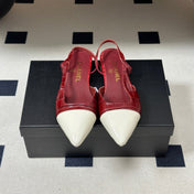 CHANEL 26S POINTED TOE SLINGBACKS IN DARK RED AND WHITE LAMBSKIN
