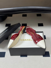 CHANEL 26S POINTED TOE SLINGBACKS IN DARK RED AND WHITE LAMBSKIN