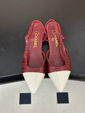 CHANEL 26S POINTED TOE SLINGBACKS IN DARK RED AND WHITE LAMBSKIN