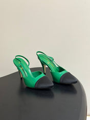 CHANEL 26S POINTED TOE HIGH HEEL SLINGBACKS 85 MM IN GREEN LAMBSKIN AND BLACK FABRIC