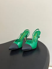 CHANEL 26S POINTED TOE HIGH HEEL SLINGBACKS 85 MM IN GREEN LAMBSKIN AND BLACK FABRIC